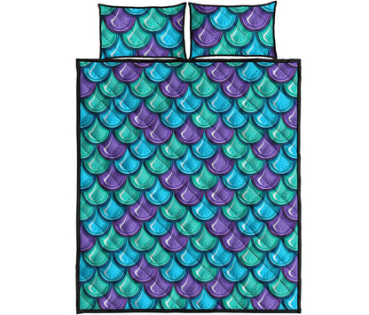 Teal Mermaid Scales Pattern Print Quilt Bed Set