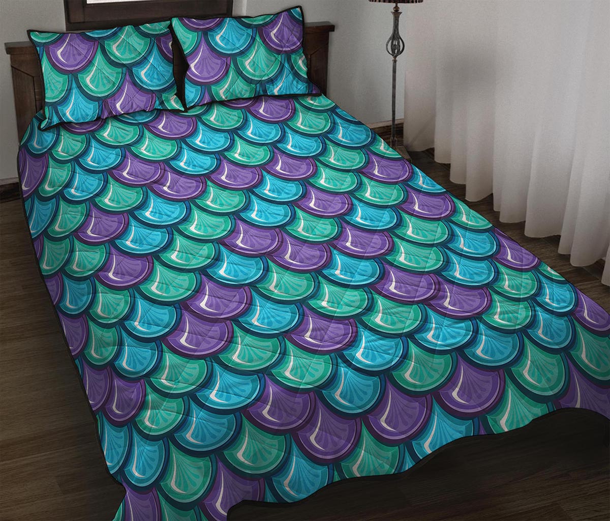 Teal Mermaid Scales Pattern Print Quilt Bed Set