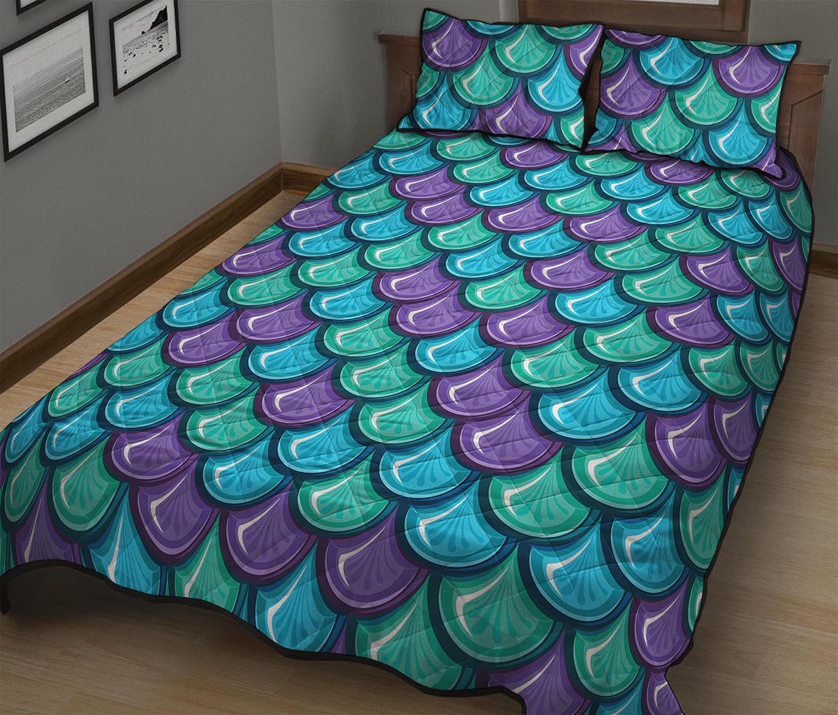Teal Mermaid Scales Pattern Print Quilt Bed Set