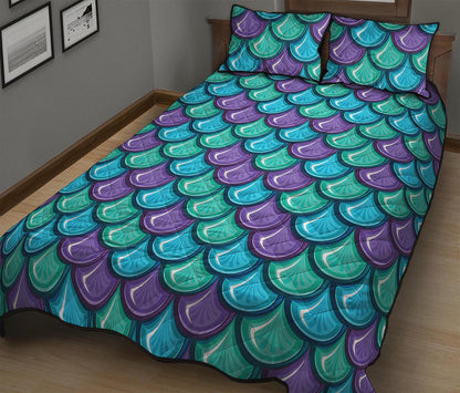 Teal Mermaid Scales Pattern Print Quilt Bed Set