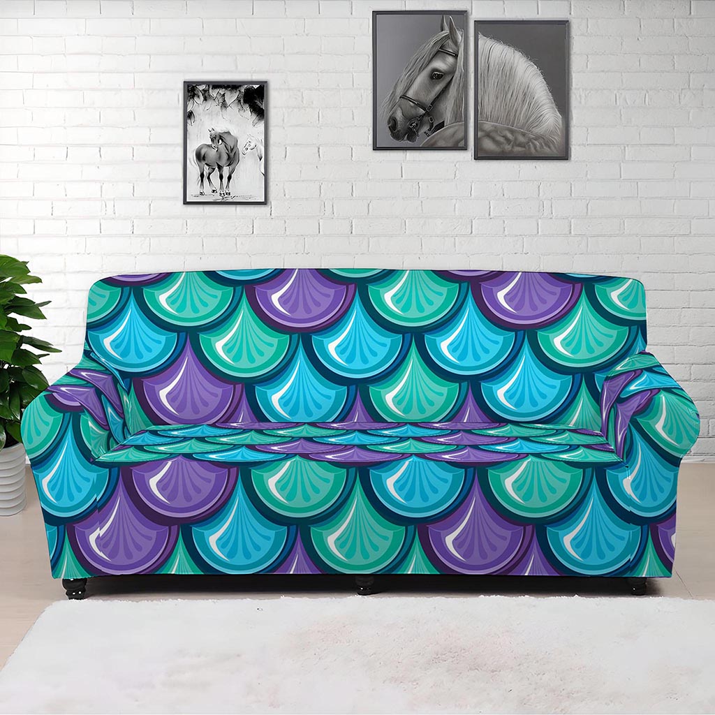 Teal Mermaid Scales Pattern Print Sofa Cover