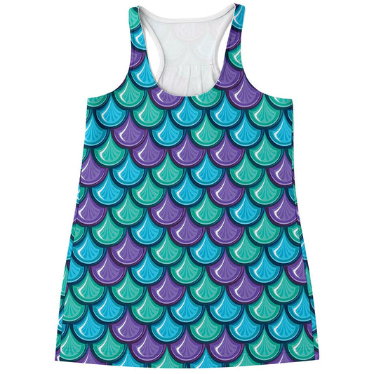 Teal Mermaid Scales Pattern Print Women's Racerback Tank Top
