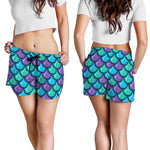 Teal Mermaid Scales Pattern Print Women's Shorts