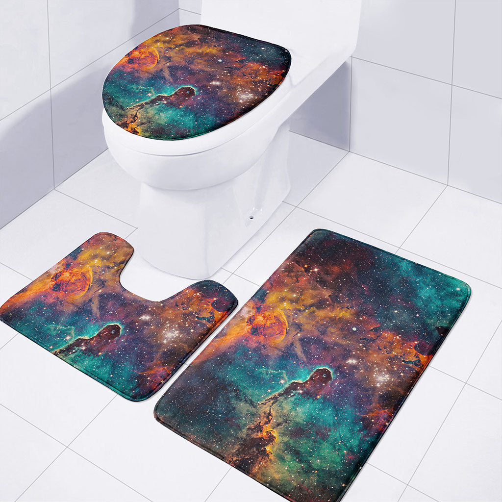 Teal Orange Universe Galaxy Space Print 3 Piece Bath Mat Set