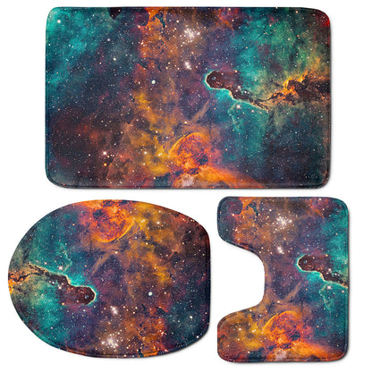 Teal Orange Universe Galaxy Space Print 3 Piece Bath Mat Set