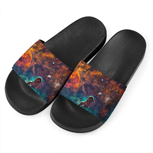 Teal Orange Universe Galaxy Space Print Black Slide Sandals