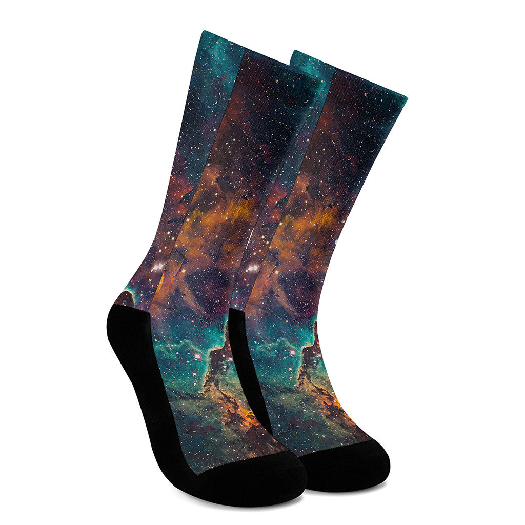 Teal Orange Universe Galaxy Space Print Crew Socks