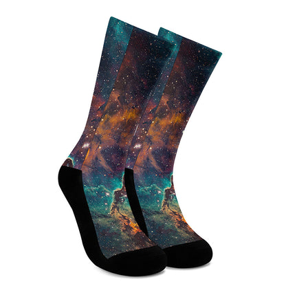 Teal Orange Universe Galaxy Space Print Crew Socks