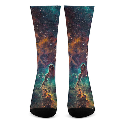 Teal Orange Universe Galaxy Space Print Crew Socks