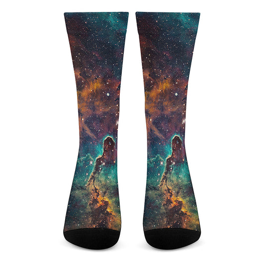 Teal Orange Universe Galaxy Space Print Crew Socks
