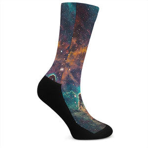 Teal Orange Universe Galaxy Space Print Crew Socks