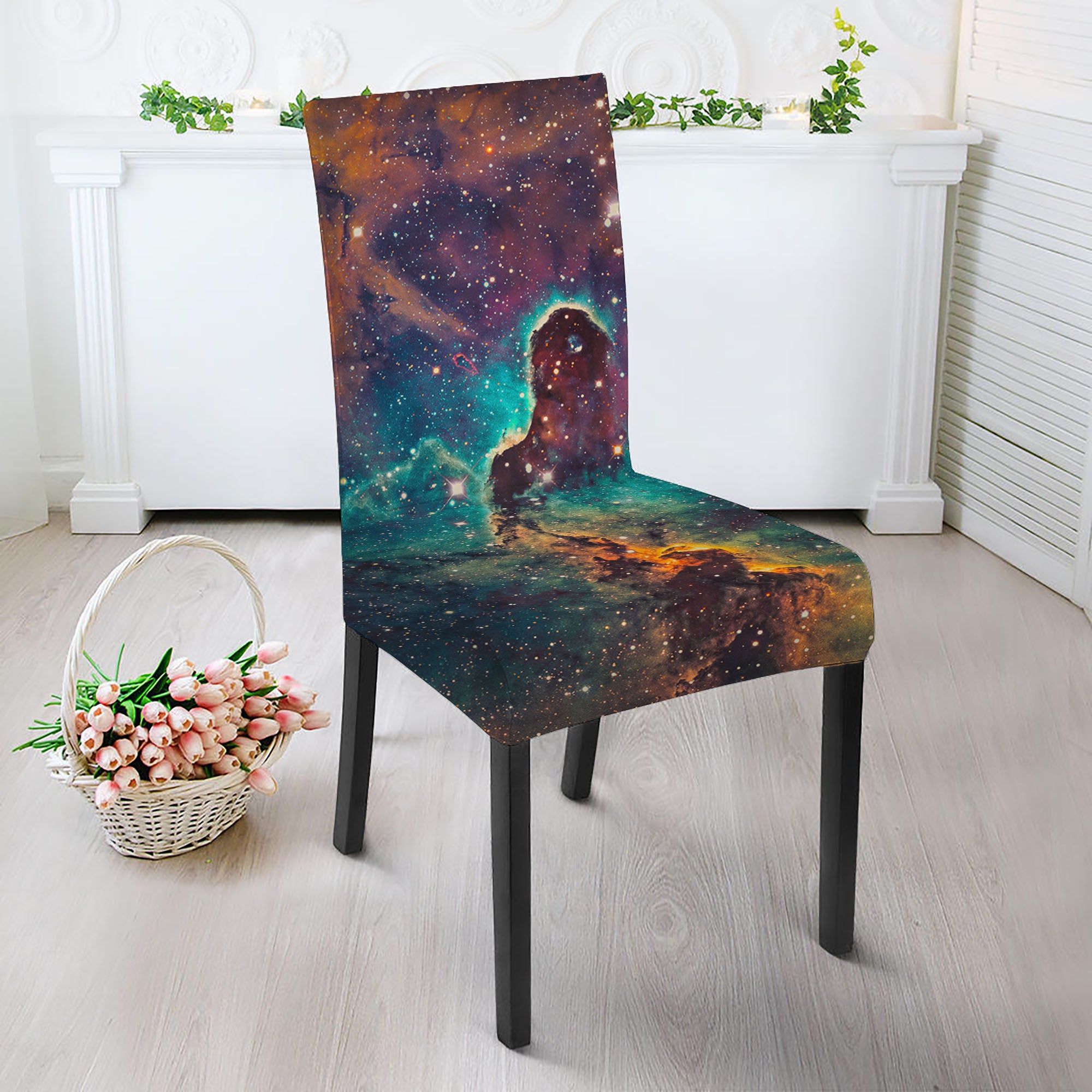 Teal Orange Universe Galaxy Space Print Dining Chair Slipcover