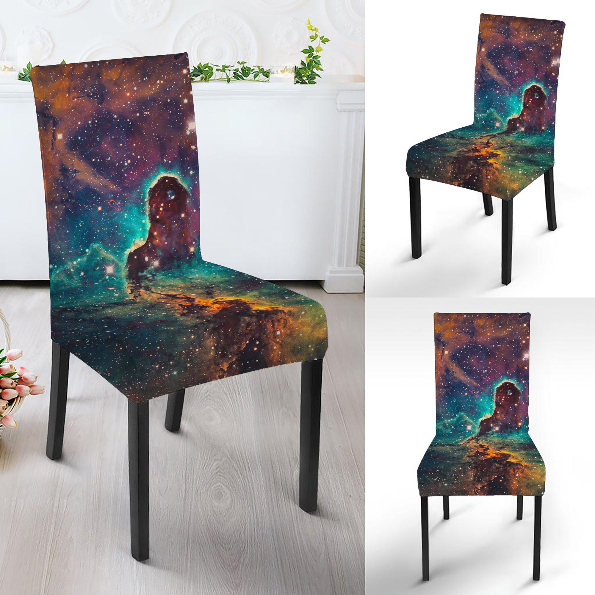 Teal Orange Universe Galaxy Space Print Dining Chair Slipcover