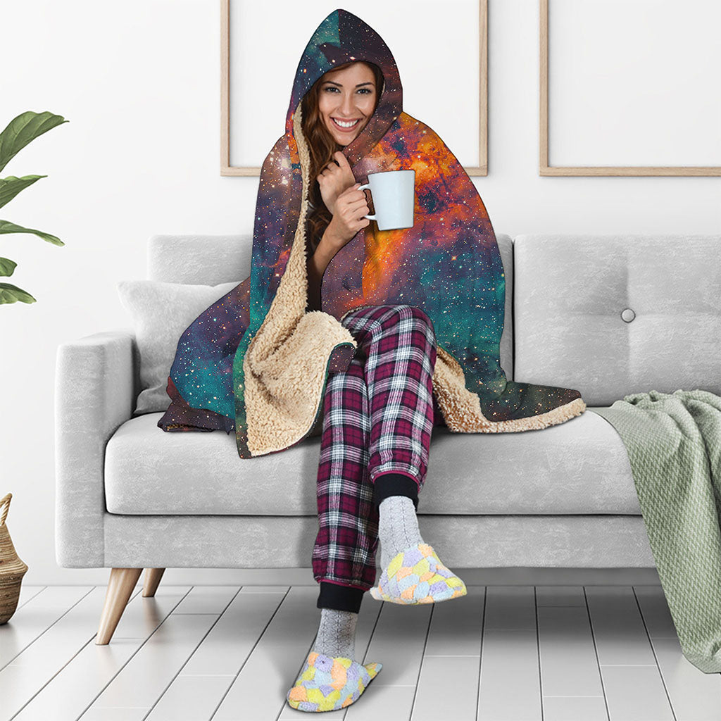 Teal Orange Universe Galaxy Space Print Hooded Blanket
