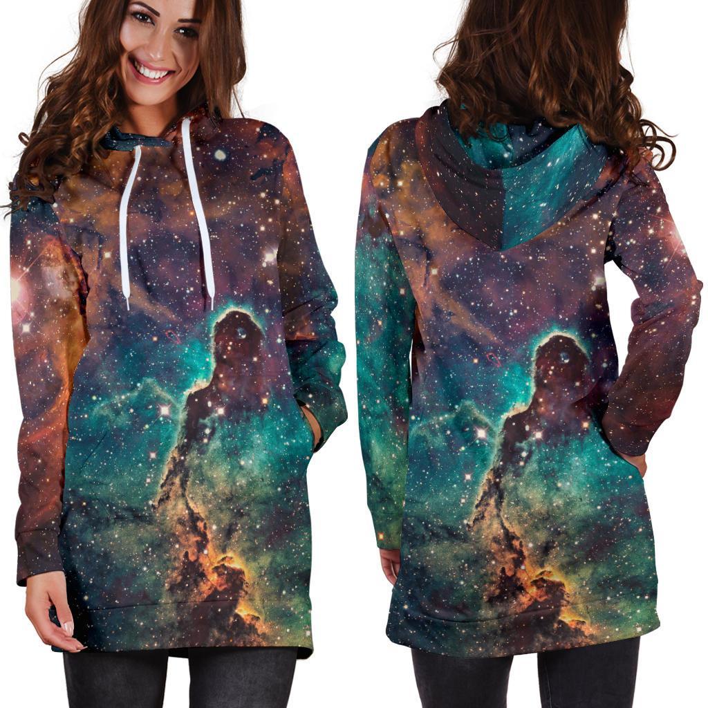 Teal Orange Universe Galaxy Space Print Hoodie Dress GearFrost