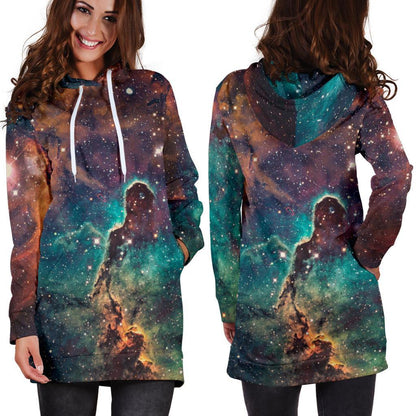 Teal Orange Universe Galaxy Space Print Hoodie Dress GearFrost