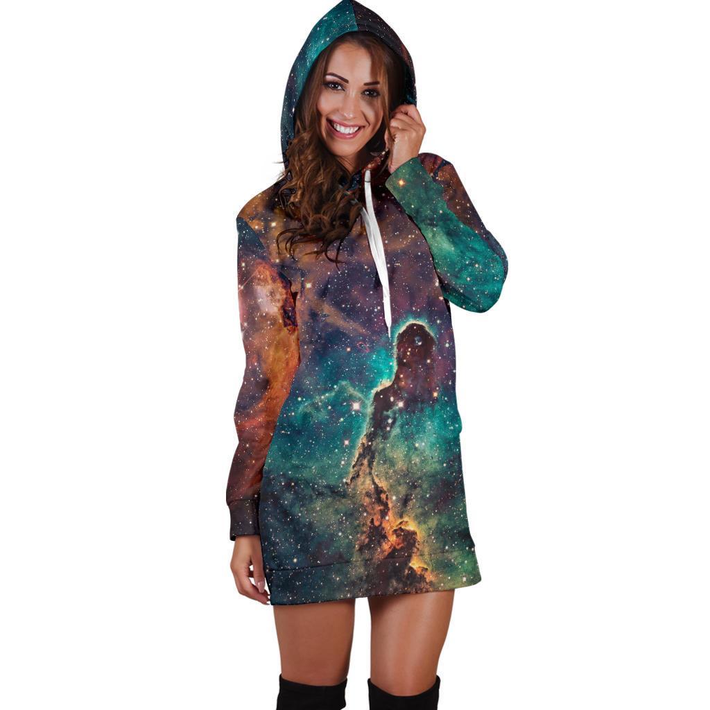 Teal Orange Universe Galaxy Space Print Hoodie Dress GearFrost