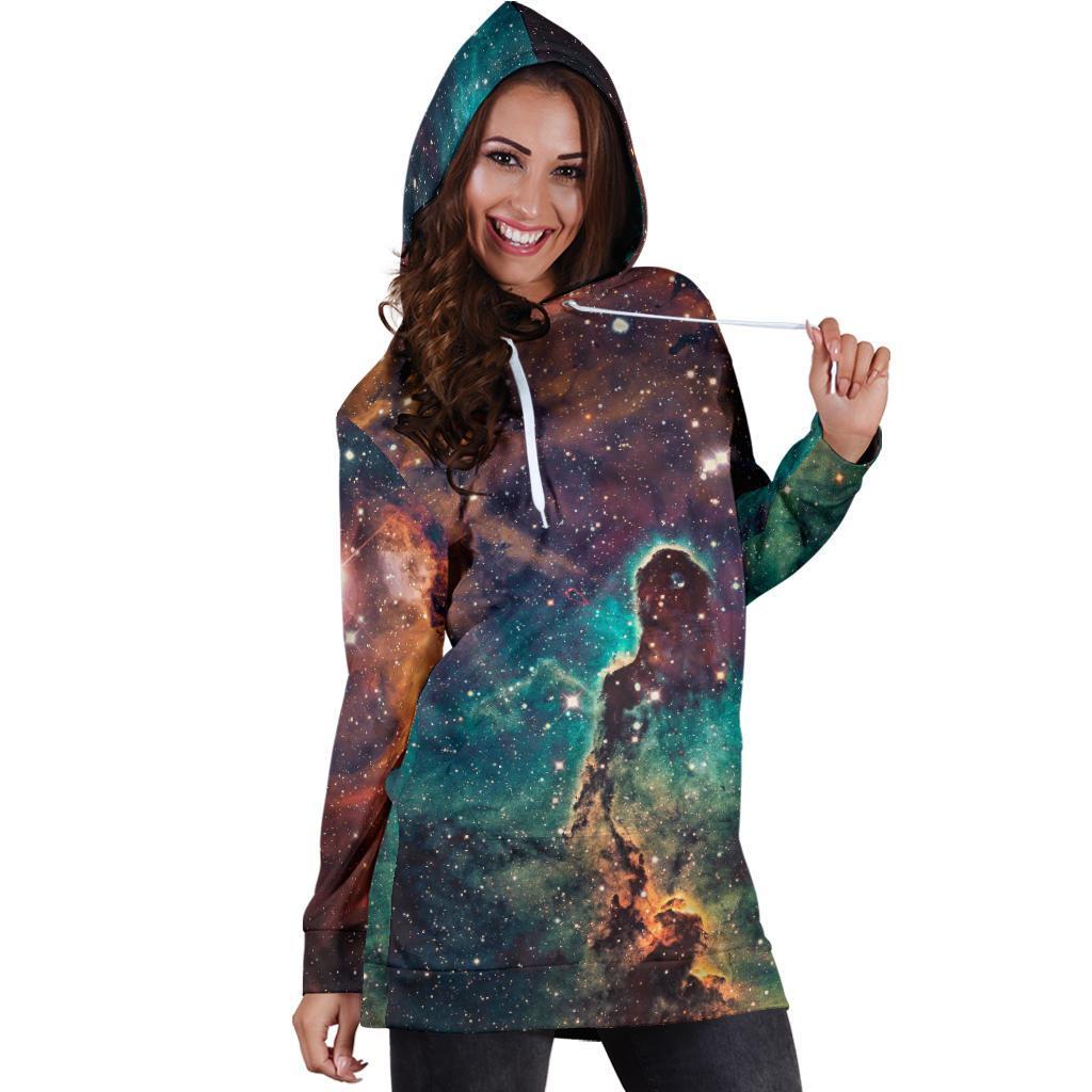 Teal Orange Universe Galaxy Space Print Hoodie Dress GearFrost
