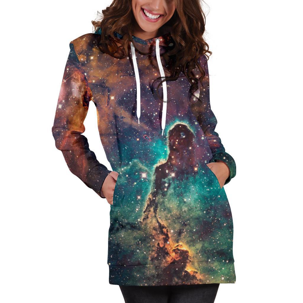 Teal Orange Universe Galaxy Space Print Hoodie Dress GearFrost