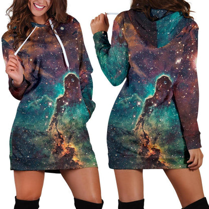 Teal Orange Universe Galaxy Space Print Hoodie Dress GearFrost