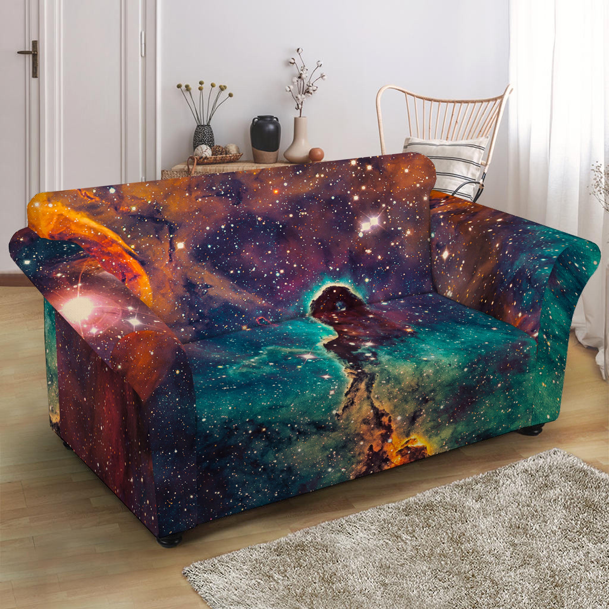 Teal Orange Universe Galaxy Space Print Loveseat Slipcover