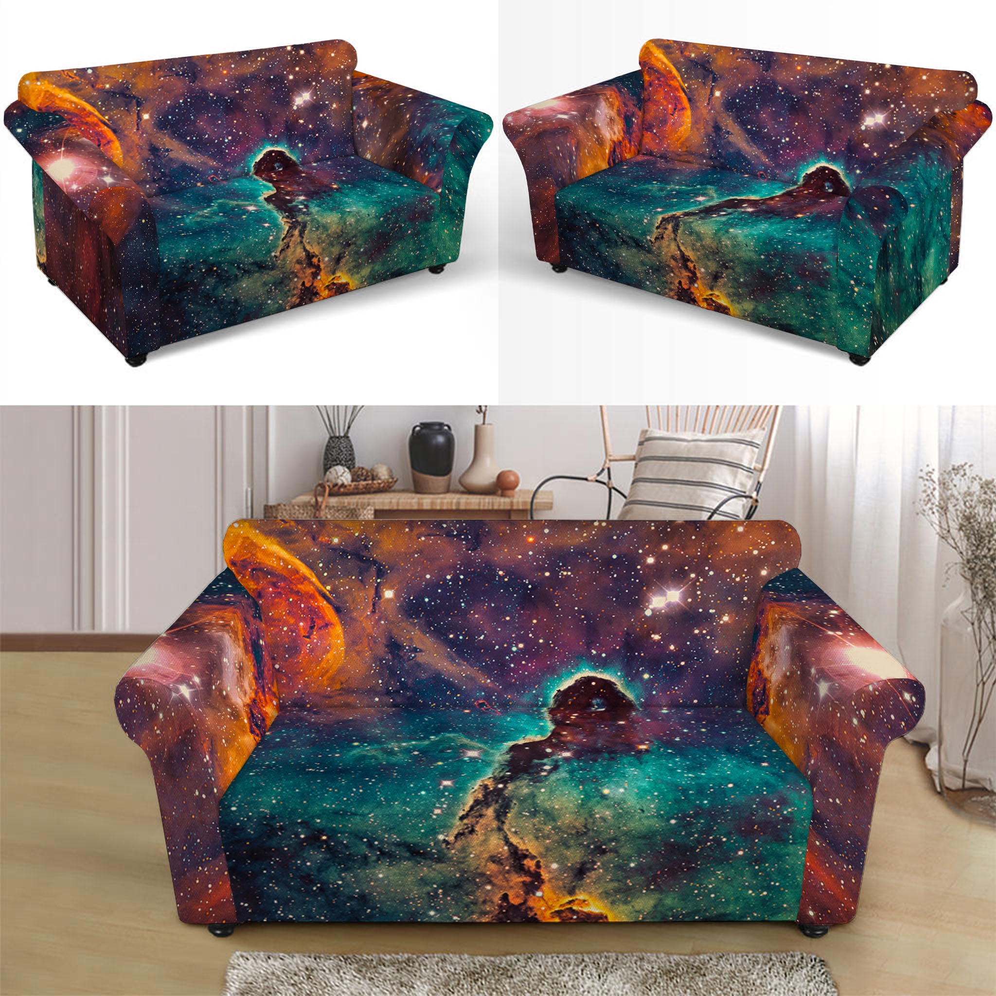 Teal Orange Universe Galaxy Space Print Loveseat Slipcover