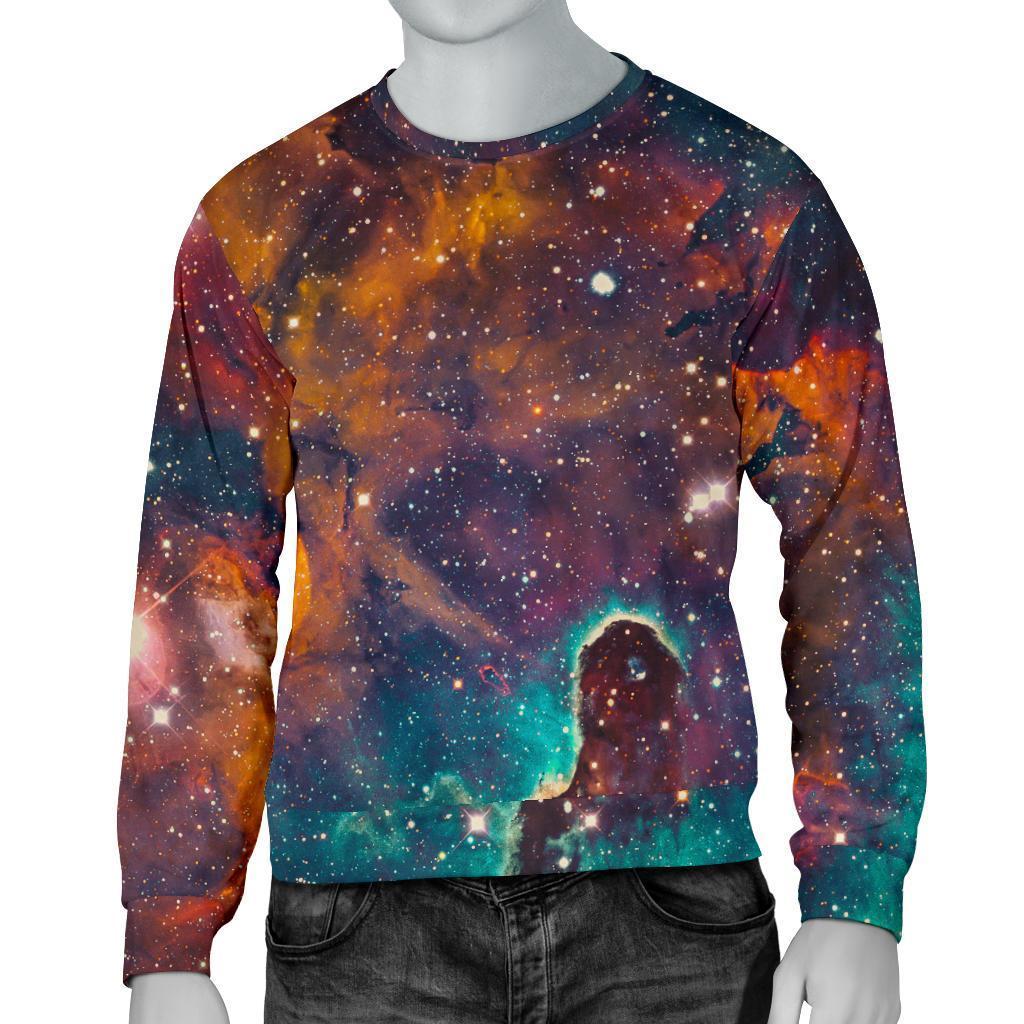 Teal Orange Universe Galaxy Space Print Men's Crewneck Sweatshirt, image size:1024x1024