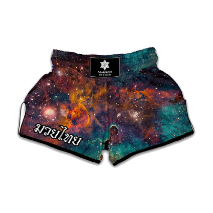 Teal Orange Universe Galaxy Space Print Muay Thai Boxing Shorts
