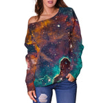 Teal Orange Universe Galaxy Space Print Off Shoulder Sweatshirt GearFrost