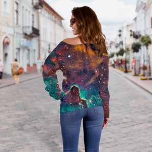 Teal Orange Universe Galaxy Space Print Off Shoulder Sweatshirt GearFrost