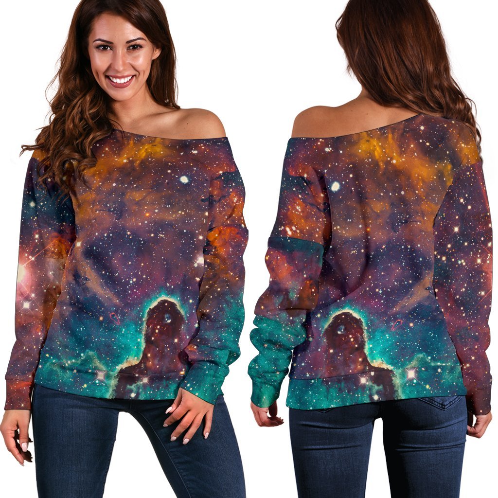 Teal Orange Universe Galaxy Space Print Off Shoulder Sweatshirt GearFrost