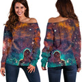 Teal Orange Universe Galaxy Space Print Off The Shoulder Sweatshirt