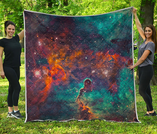 Teal Orange Universe Galaxy Space Print Quilt