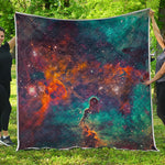 Teal Orange Universe Galaxy Space Print Quilt