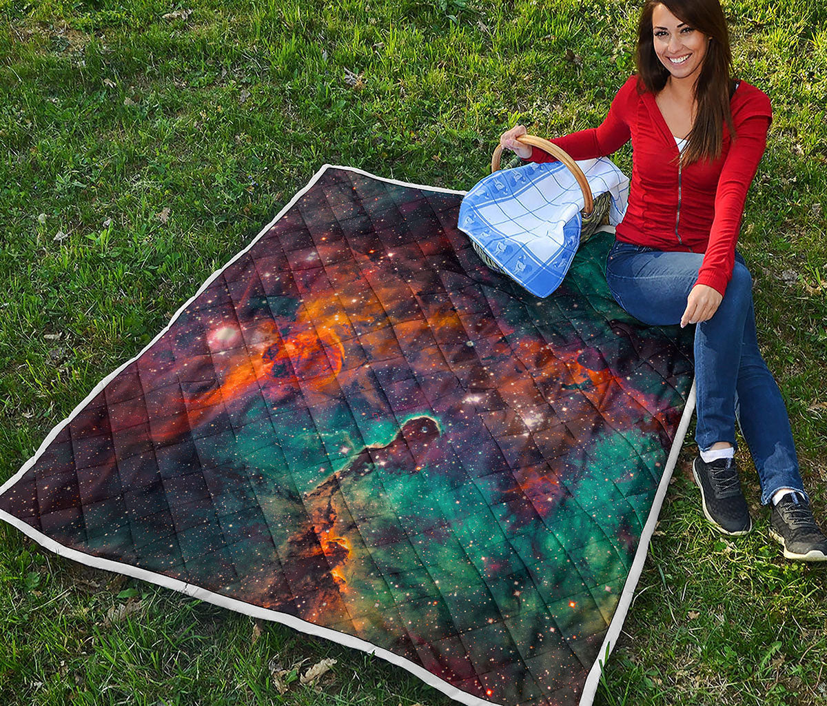 Teal Orange Universe Galaxy Space Print Quilt