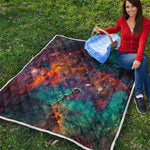 Teal Orange Universe Galaxy Space Print Quilt