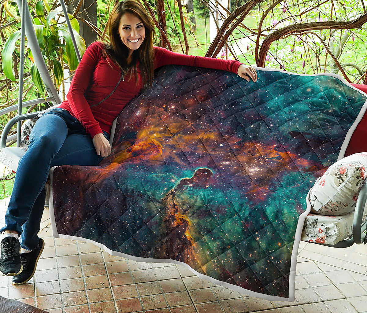 Teal Orange Universe Galaxy Space Print Quilt