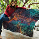 Teal Orange Universe Galaxy Space Print Quilt