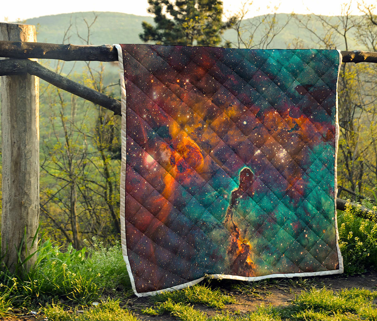 Teal Orange Universe Galaxy Space Print Quilt