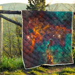 Teal Orange Universe Galaxy Space Print Quilt