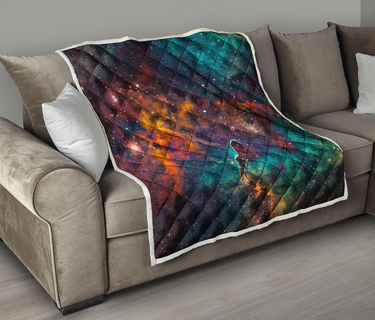 Teal Orange Universe Galaxy Space Print Quilt