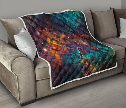 Teal Orange Universe Galaxy Space Print Quilt