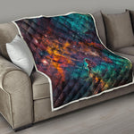 Teal Orange Universe Galaxy Space Print Quilt