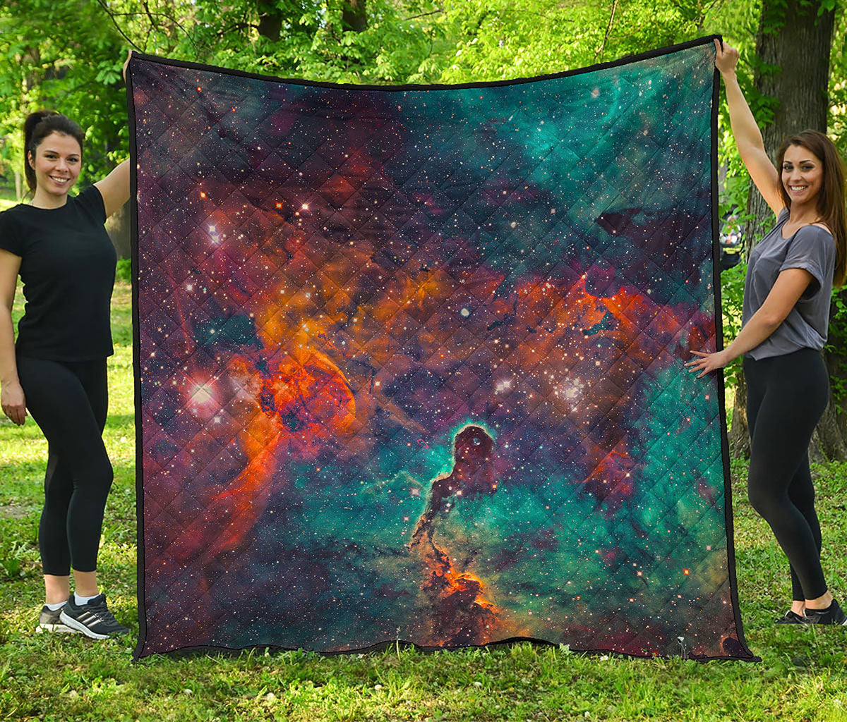 Teal Orange Universe Galaxy Space Print Quilt
