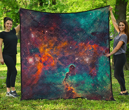 Teal Orange Universe Galaxy Space Print Quilt