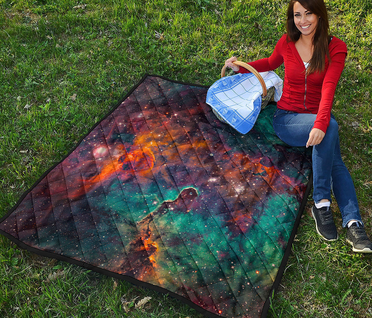 Teal Orange Universe Galaxy Space Print Quilt
