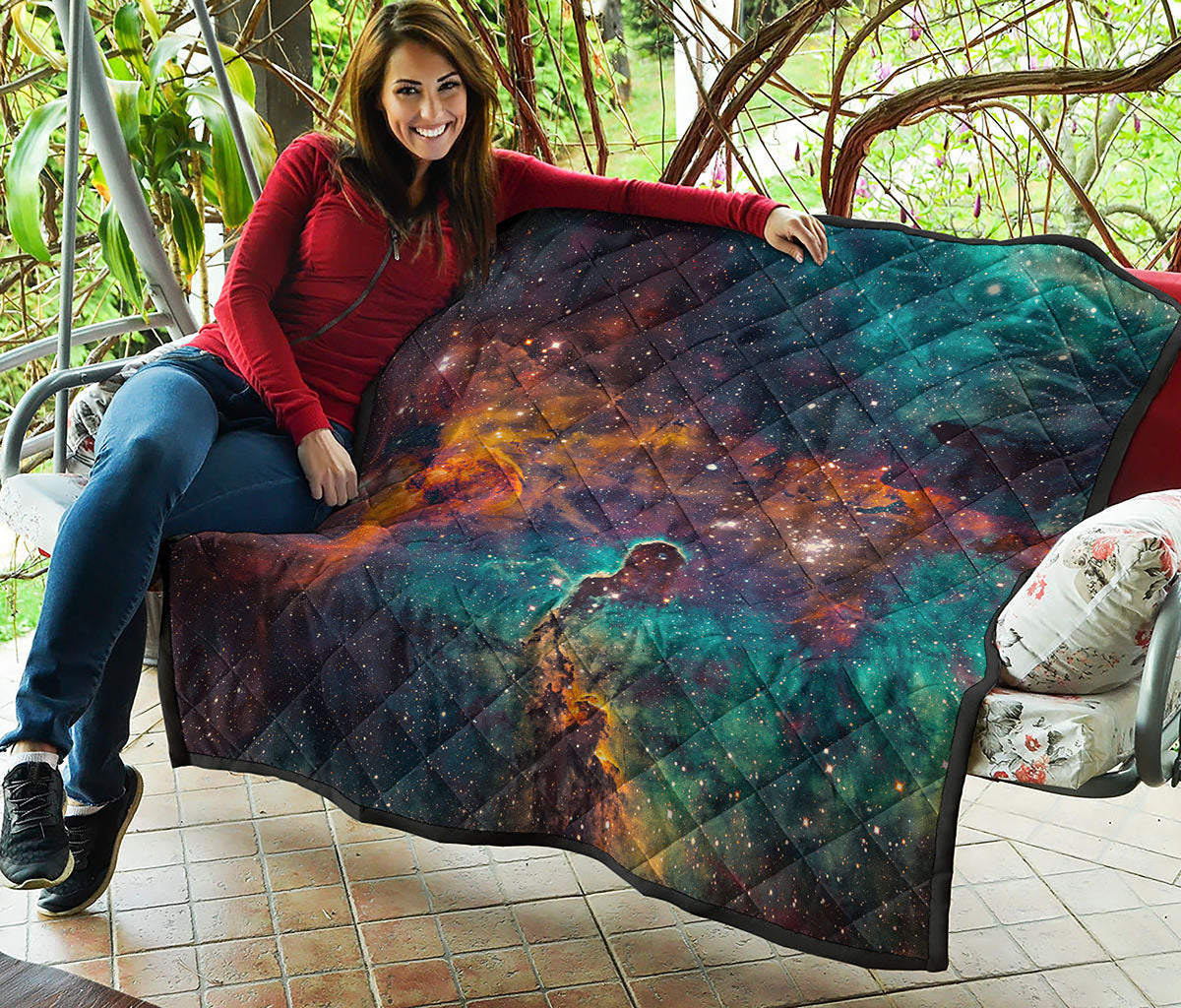 Teal Orange Universe Galaxy Space Print Quilt