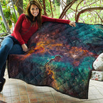Teal Orange Universe Galaxy Space Print Quilt