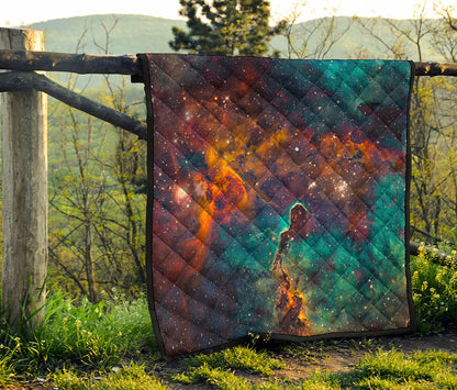 Teal Orange Universe Galaxy Space Print Quilt