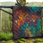 Teal Orange Universe Galaxy Space Print Quilt